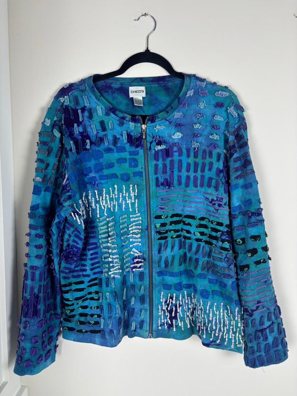 Chico’s Size 2 Art To Wear Jacket Blue Purple Textured Ribbon Zip Cotton Boho